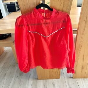 cherry red sheer blouse w/ pearls S